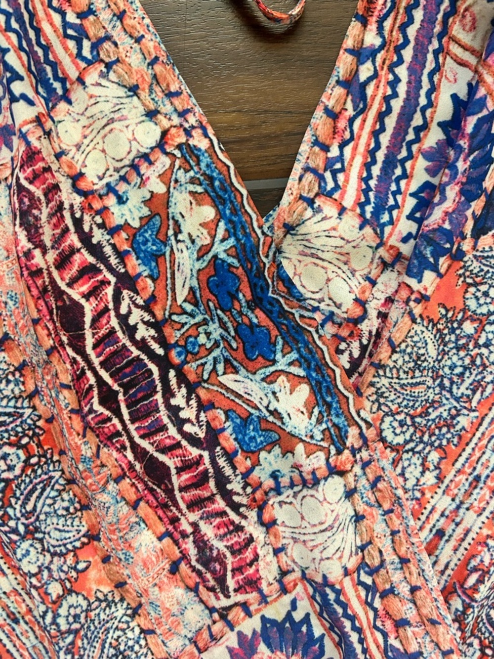Heartloom Coral & Blue Printed Sleeveless V-Neck Romper with Back Tie - Picture 12 of 16